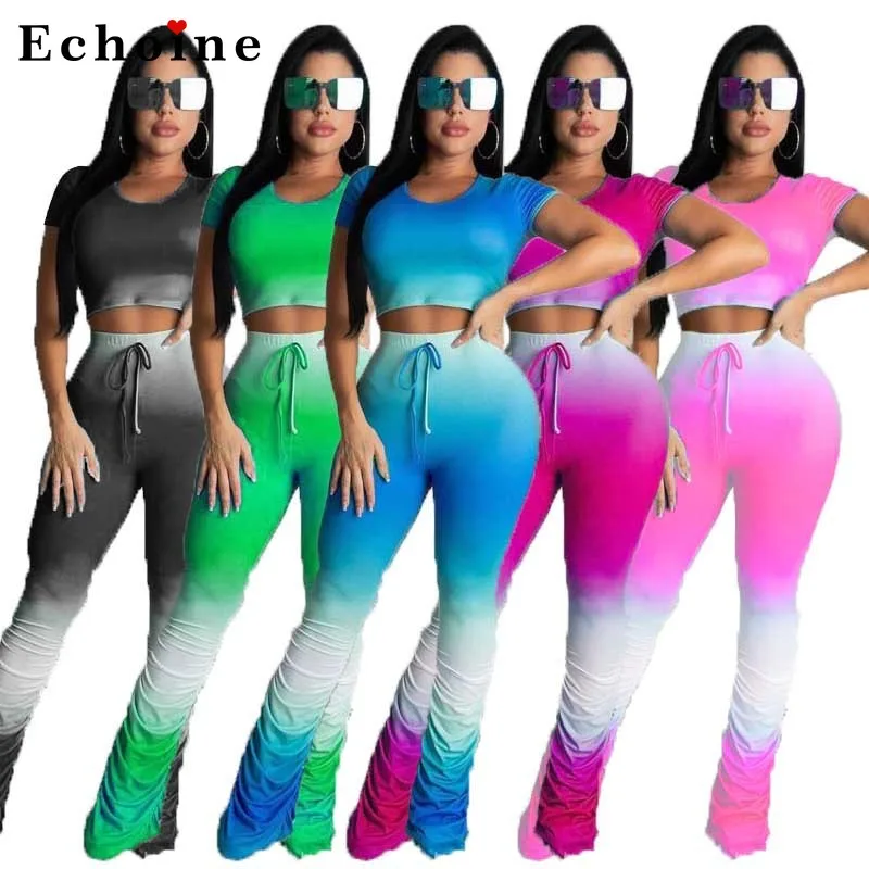 

Women's Pleated Gradient Lace Up Two-Piece Set Long Pants Sexy Slim Crop Tops Casual Matching Set Stacked Bell Bottom Tracksuits