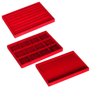 

3PCS Velvet Ring Earring Necklace Display Organizer Tray Showcase Holder