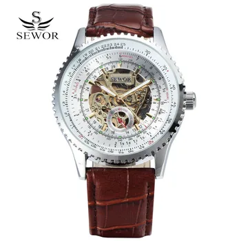 

New Men Leather Strap Male Clock Business Wristwatch SEWOR Retro Men Military Skeleton Automatic Mechanical Watch zegarek meski