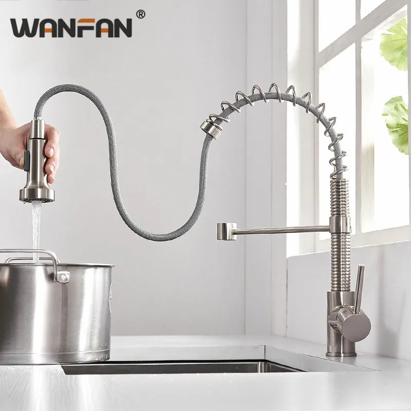 

OWOFAN Modern Polished Brushed Nickel Brass Kitchen Sink Faucet Pull Out Single Handle Swivel Spout Vessel Sink Mixer Tap N22207