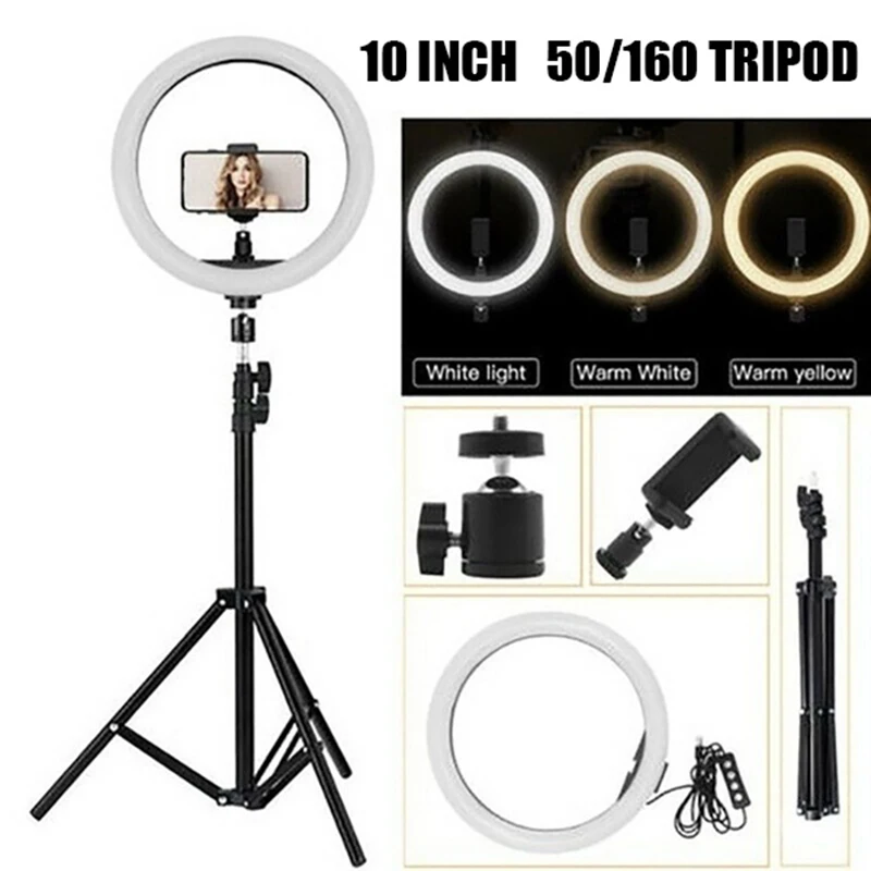 

10inch LED Ring Light with Stand USB Plug Photography Selfie Ring Lamp with Tripod Phone Bracket for YouTube Live Vlogging