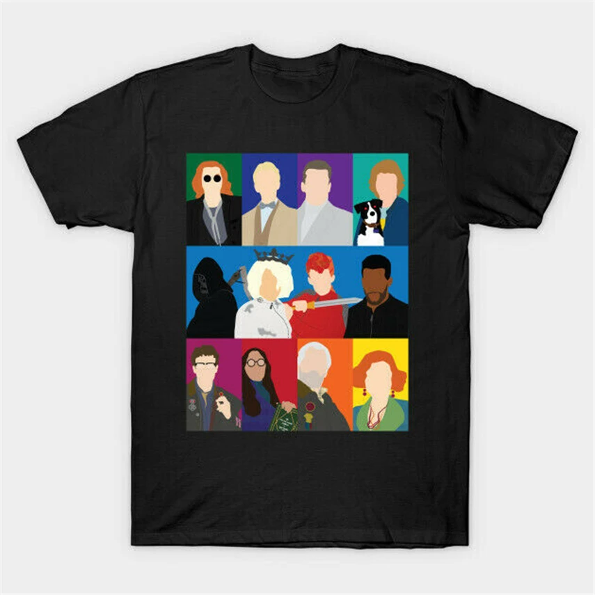 

Good Omens Characters Angel Aziraphale Demon Crowley Pop Art Black T-Shirt Retro Tee Shirt