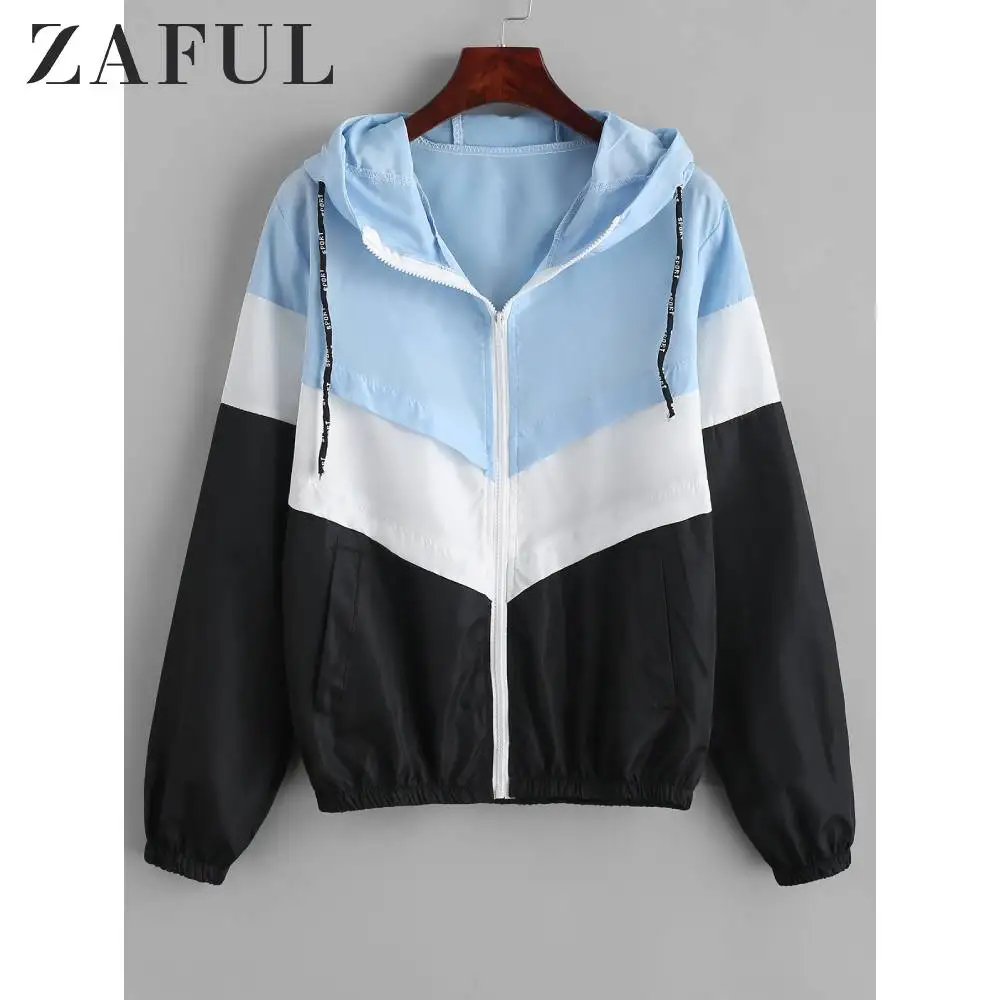 Женская куртка на молнии ZAFUL цветная с капюшоном и карманами широкой талией