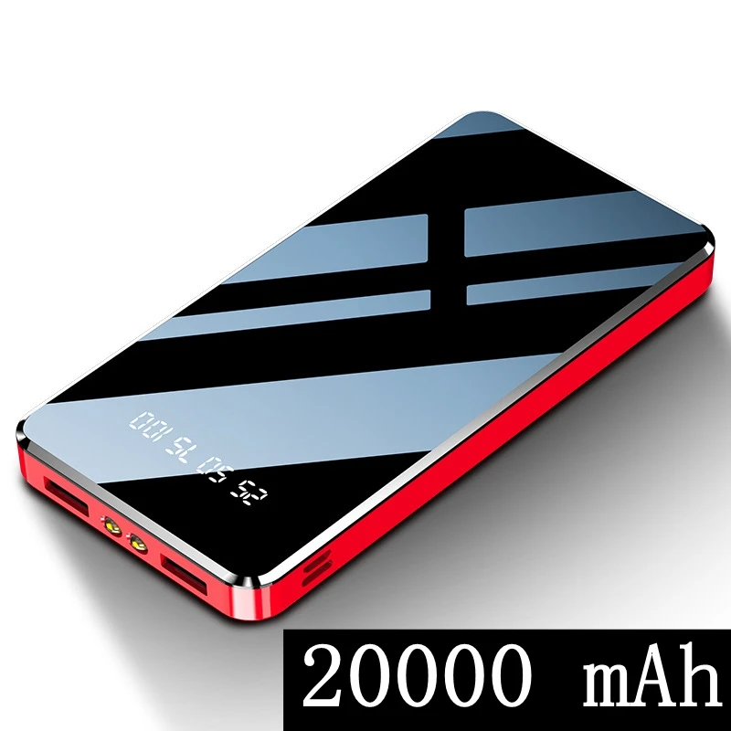 10000 мАч зеркальный светодиодный внешний аккумулятор с двойным фонариком 20000 мАч портативное Внешнее зарядное устройство для iPhone 11 Xiaomi - Цвет: Red 20000mAh