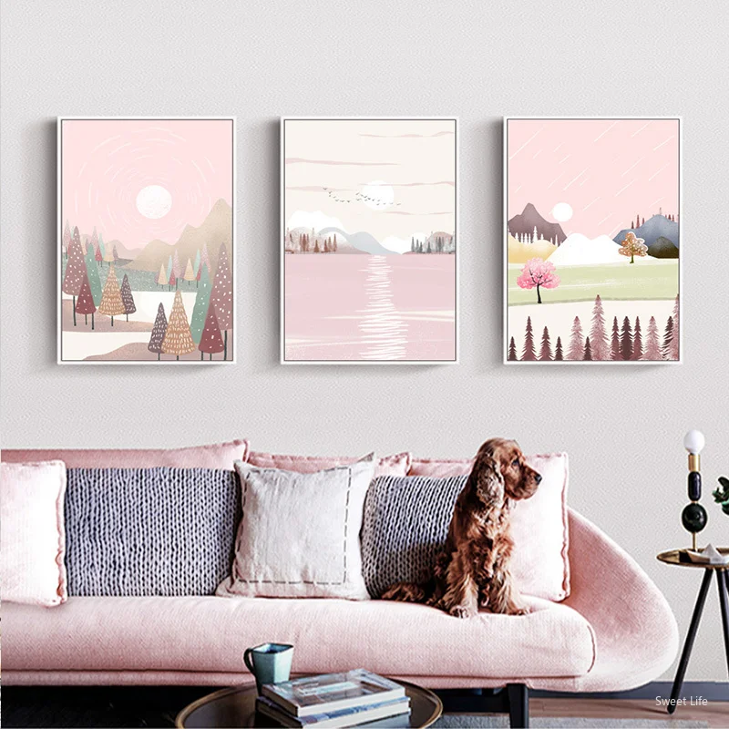 

Abstract Pink Tree and Mountains Canvas Painting Posters Print Nordic Spring Pink Wall Art Pictures For Modern Living Room Decor