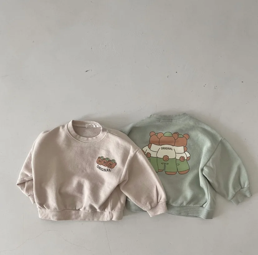 Fashion Cartoon Print Baby Long Sleeve Tops Kids Casual Sweatshirt For Boys Cute Bear Pattern Pullover Cotton Baby Girl Hoodie