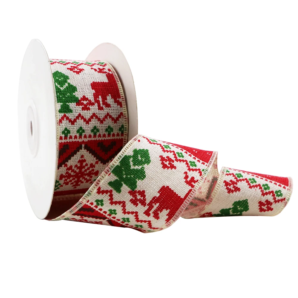 

New 25Yards Christmas Tree Printed Linen Ribbon Fabric for Decoration Party Gift Wrapping DIY Sewing Accessories,25Yc2832