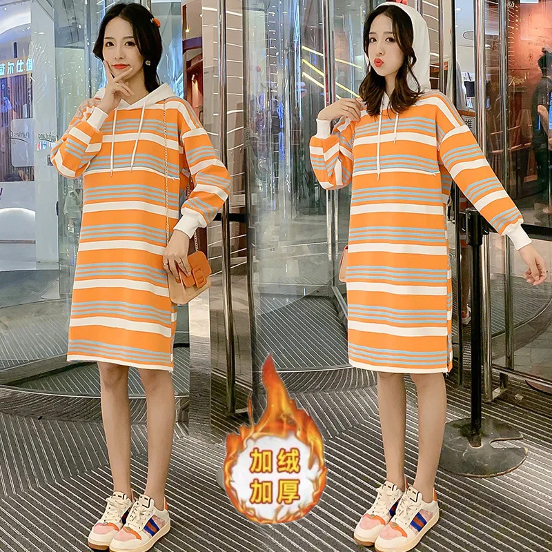 

2019 plus Velvet Lactation Garment Nursing Stripes Knitted Feeding Dress Loose-Fit Hooded Long Nursing Dress