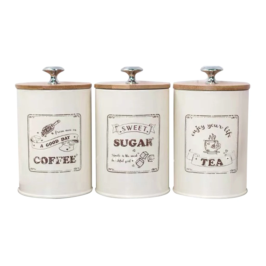 Set of 3 Airtight Kitchen Canister Decorations with Lids, Beige Metal Farmhouse Decor Containers for Sugar Coffee Tea Storage