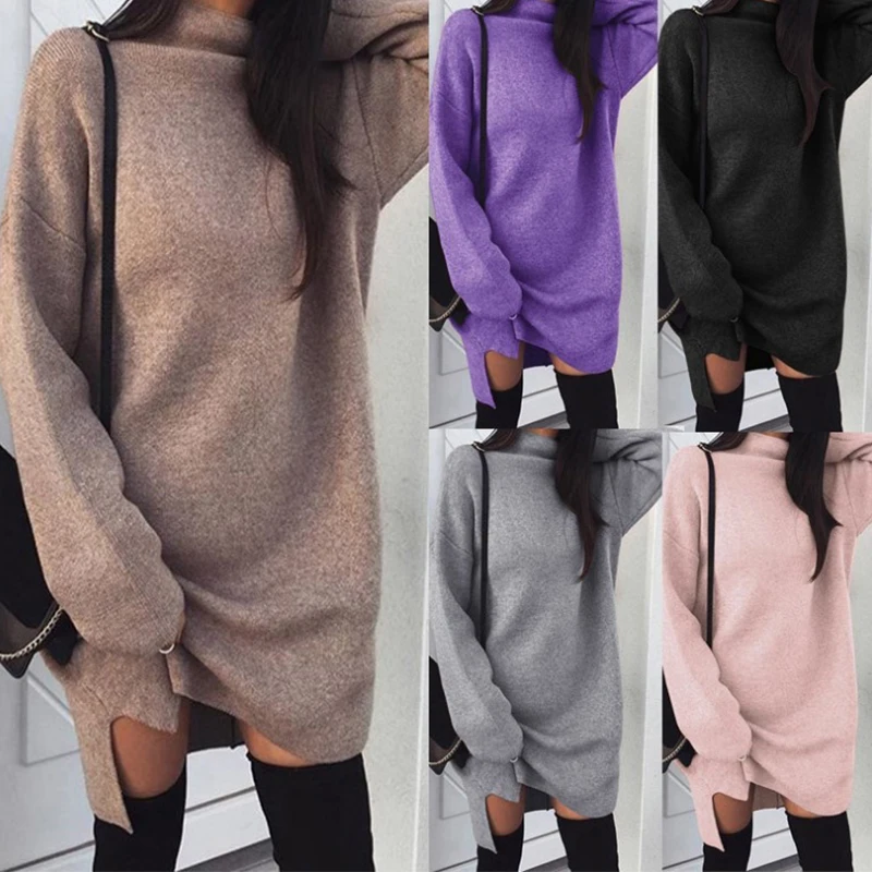 

Women Casual Sweater Dress Fashion Warm Oversize Loose High Neck For Autumn Knit Dresses Turtleneck Pullover Jumper Clothes