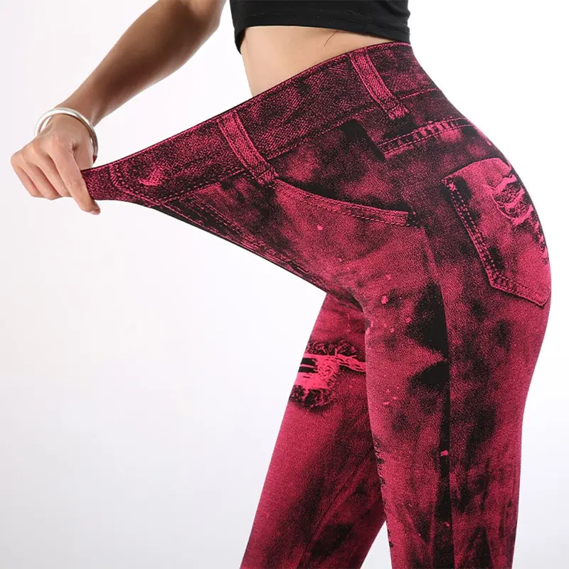 Sexy astic Imitation  Jeans Leggings High Waist Pants Fitness Slim Legg Mujer 2021 Sport Push Up Leggings For Women Hot peach lift leggings