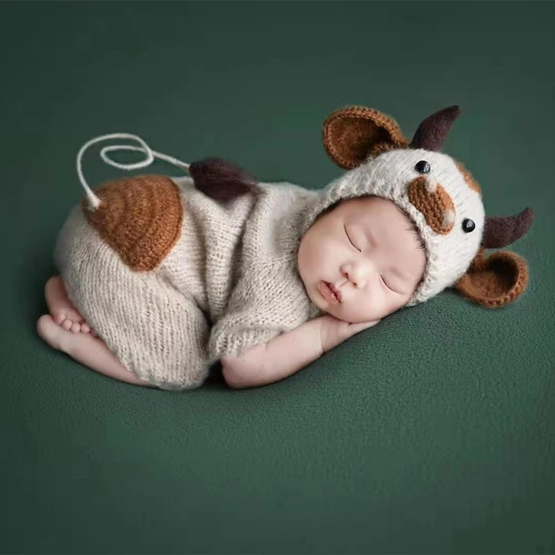 Ropa de fotografía para recién nacido, sombrero de cuerno de buey + Pelele de bebé, trajes de ganchillo, accesorios de fotos para bebé, ropa de tiro infantil