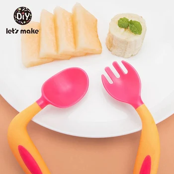 

Let's Make 2Pcs Bendable Baby Spoon Fork Set with Storage Box Flexible Infant Learning Tableware Flatware Utensils Kid Tableware