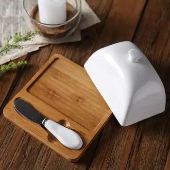 

Nordic Butter Sealing Box,Ceramic Butter Plate,White,with Wood Lid and Knife,Cheese Storage Tray Butter Dish