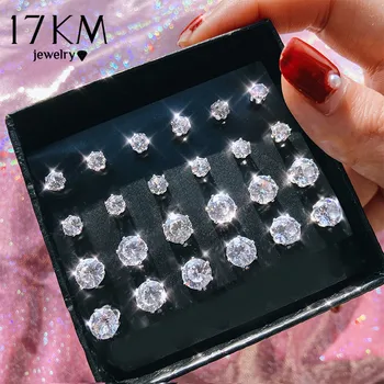 17KM 12pairs/set Cubic Zirconia Round Stud Earrings Set For Women Silver Color Crystal Rhinestone Bow Earrings Brinco Jewelry