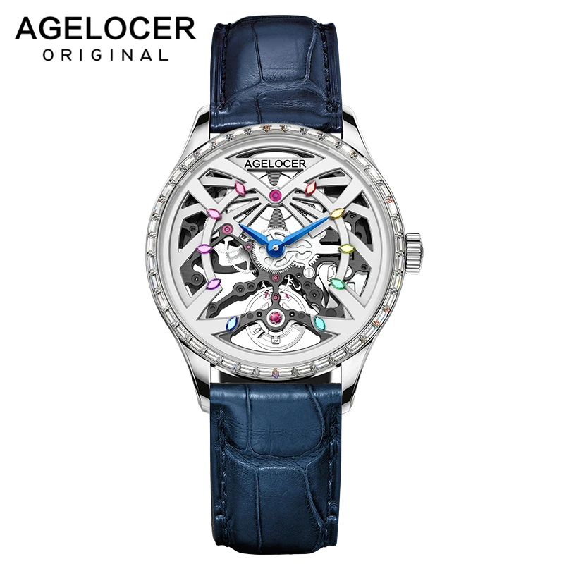 AGELOCER White Skeleton Women Automatic Watch Luxury Brand Female Crystals Blue Strap