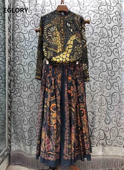 

High Quality Skirt Suits 2020 Spring Summer Two Piece Set Women Vintage Print Long Tops+Ankle Length Long Maxi Skirts Sets Beach
