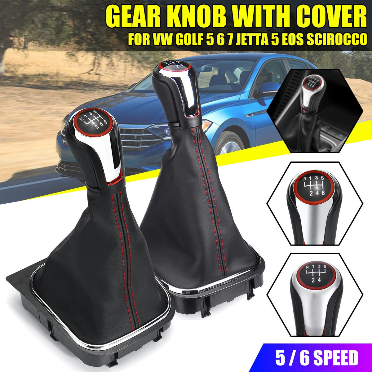 

Car Styling 1Pcs 6 Speed Leather Gear Shift Knob With Dust Cover Glosss Cap For VW Golf 5 Golf 6 GOLF MK7 Jetta5 EOS Scirocco