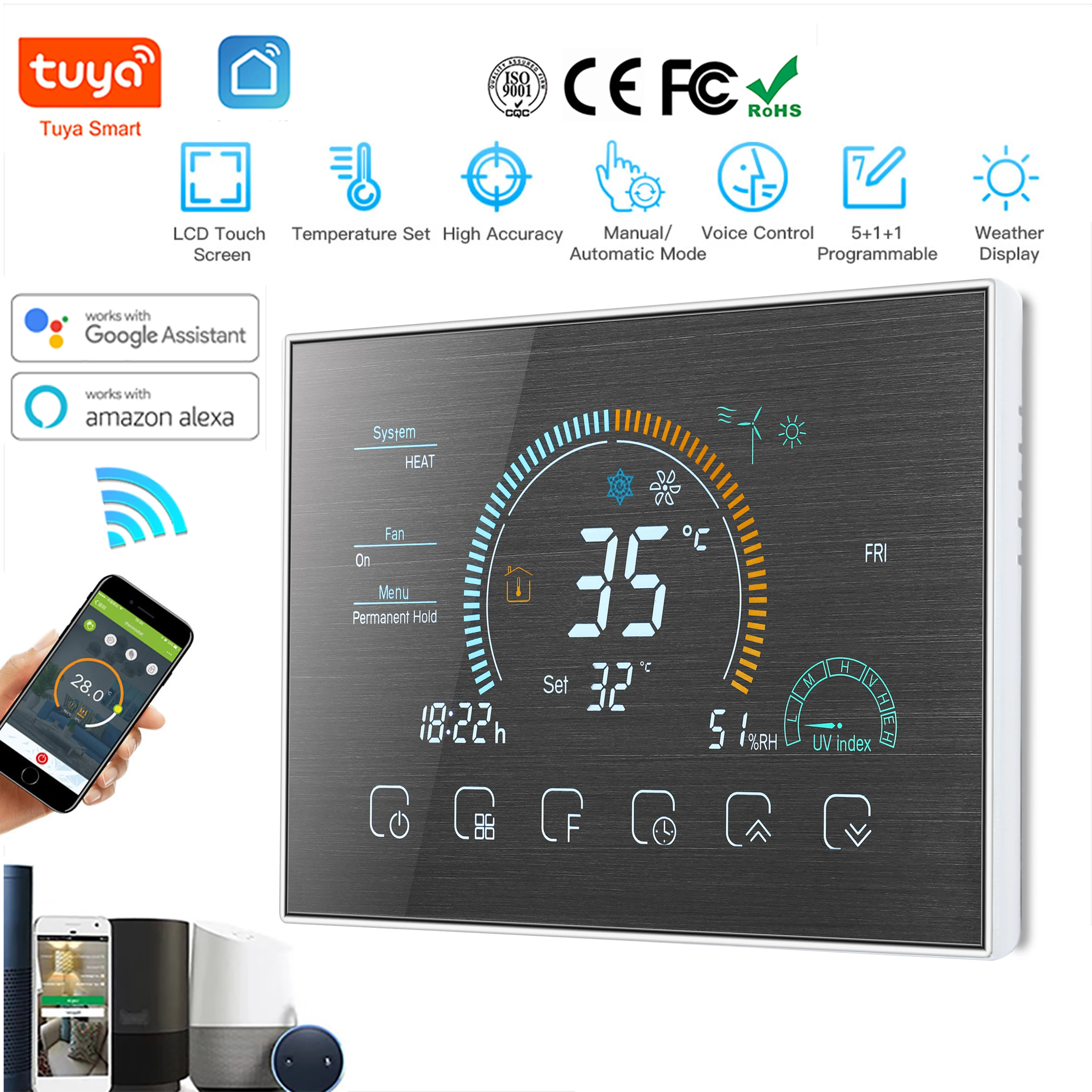 TUYA Wi-Fi สมาร์ทที่มีสีสันขนาดใหญ่หน้าจอ Room โปรแกรม Air Thermostat WIFI สำหรับสวิทช์ความร้อน Cooler สะพานเสียง Alexa 1
