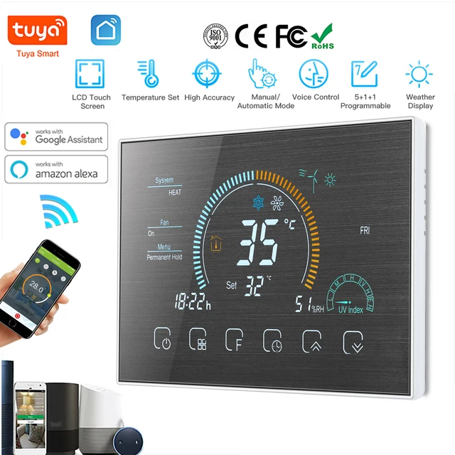 TUYA Wi-Fi สมาร์ทที่มีสีสันขนาดใหญ่หน้าจอ Room โปรแกรม Air Thermostat WIFI สำหรับสวิทช์ความร้อน Cooler สะพานเสียง Alexa 1