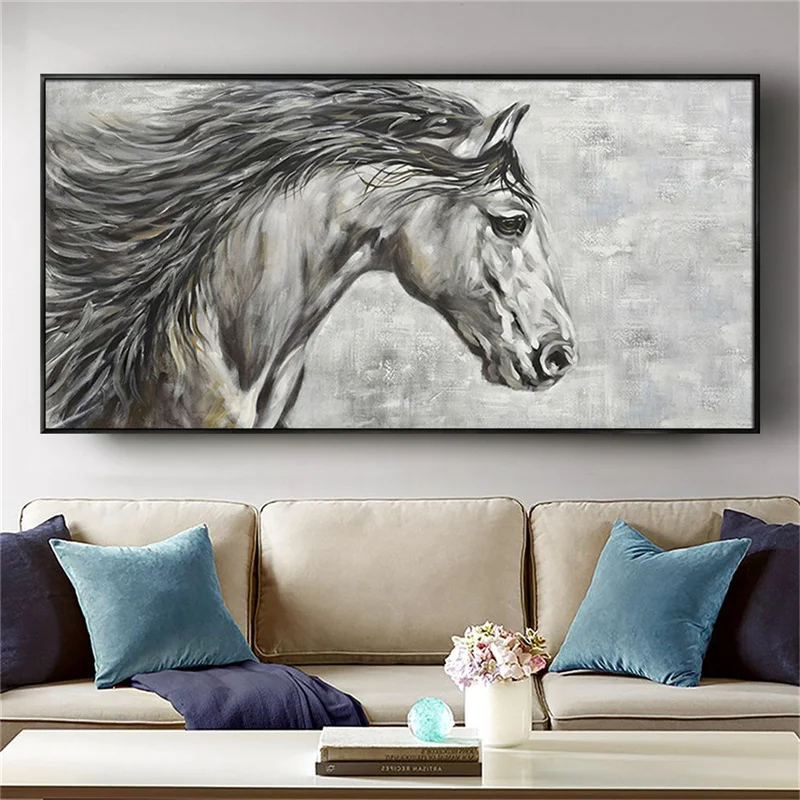 

Oil Painting on Canvas100% Handmade Mural Animal Modern Large Vertical Grey Horse Laminas Decor Wall Pictures for Living Room