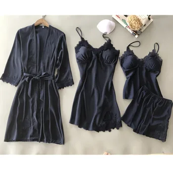 

Women Sexy Lace Sleepwear Nightdress Faux Silk Lace Pyjamas Femme Home Robe 4pcs Sleep Lounge Set Night Dress Bathrobe Nightwear