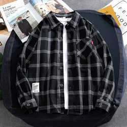 Camisas masculinas xadrez estilo literário casual sub moda 2021 outono novo estilo universitário solto grande camisa de mangas compridas