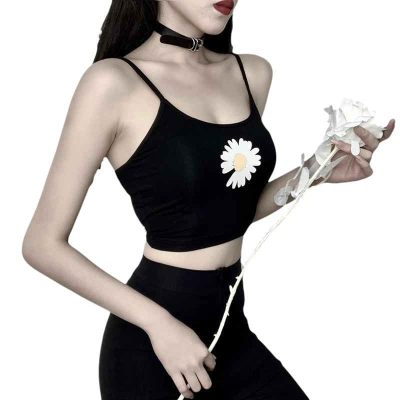 Stars same model with open navel suspender sleeveless shirt cotton girl casual little daisy print summer sexy trendy short
