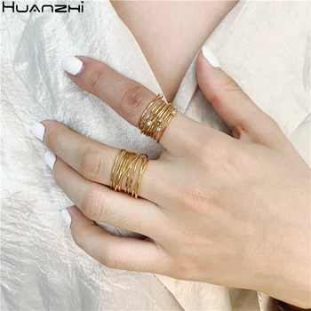 

HUANZHI 2020 New Line Multi-layer Cross Twined Zircon Multiturn Simple Gold Metal Rings for Women Girls Party Jewelry Gifts