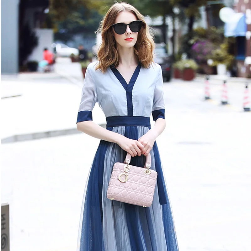 

Europe And America 2020 Spring Summer Wear WOMEN'S Dress New Style Elegant V-neck High-waisted Spell Contrast Color Gauze Long S
