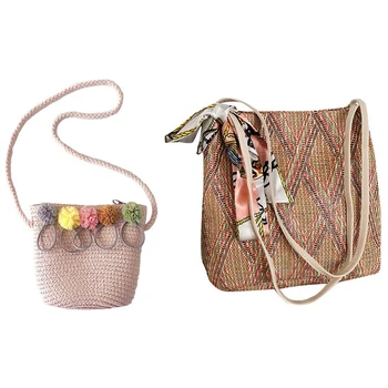 

1Pcs Girls Shoulder Bag Straw Rattan Weave Crossbody Bag (Pink) & 1Pcs Bohemian Summer Straw Beach Bag Female Khaki
