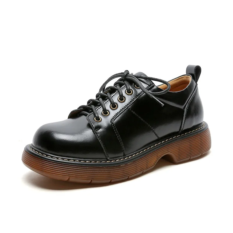 

British Thick-Soled Small Leather Women Shoes Creeper Vintage Lace Up Black Oxford Jk Shoes For Woman Soft Leather Single Brogue