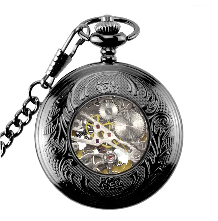 Механические карманные часы из черной стали в стиле стимпанк, винтажные аналоговые скелетоны, механические карманные часы с ручным заводом