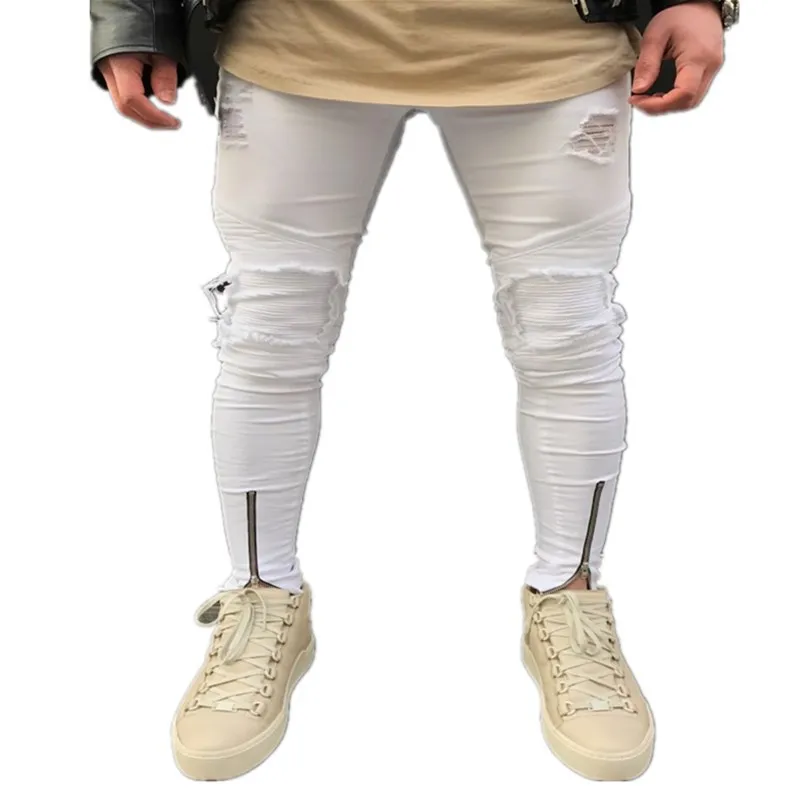 

New Style with Holes Men's White Jeans Fashion Slim Fit Elasticity Skinny Pants Trend Men Youth Jeans