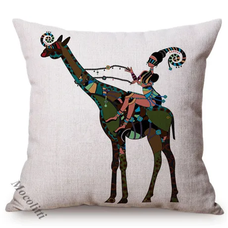 African Folk Traditional Music Art Hand Painted Africa Women Ride Giraffe Abstract Pattern Sofa Pillow Cover Linen Cushion Cover K156-2