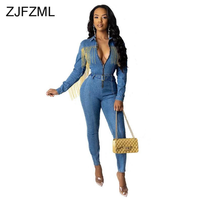 

Tassels Patchwork Sexy Denim Jumpsuits Women Turn Down Collar Long Sleeve Skinny Overall Casual Front Zipper Sashes Party Romper