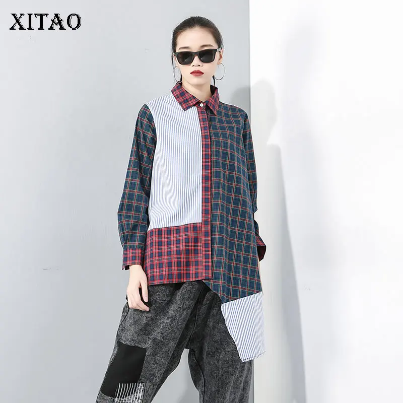 XITAO/блузка с перекрещивающимися краями,, женская модная новинка, осенняя Лоскутная Асимметричная рубашка с отложным воротником, GCC2079