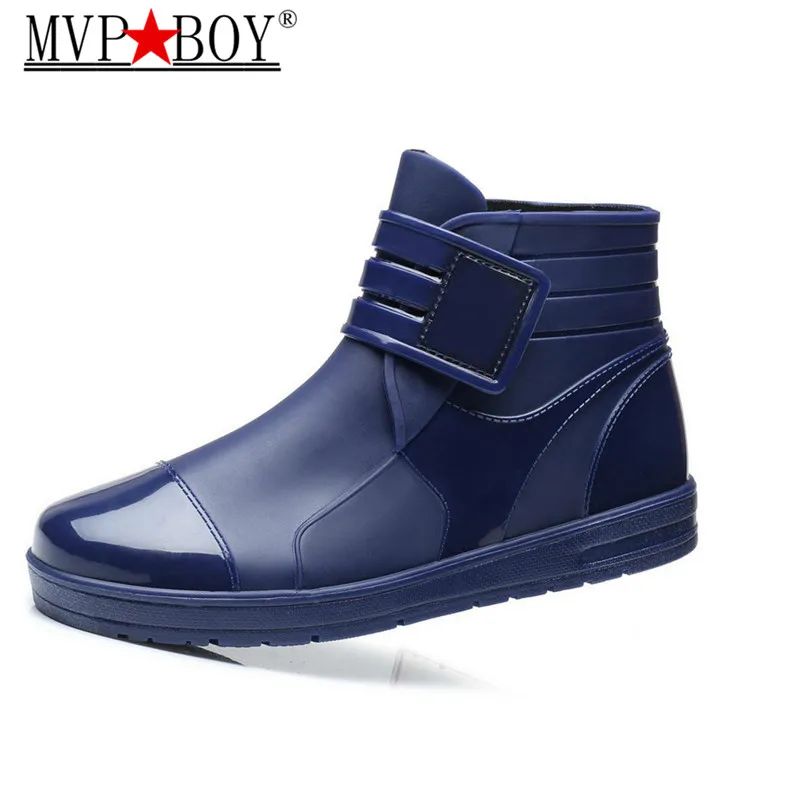 

Mvp Boy 2020 Fashion PVC Waterproof RainBoots Waterproof Flat Shoes Men Black Rainboots Blue Rubber Ankle Boots Buckle Botas