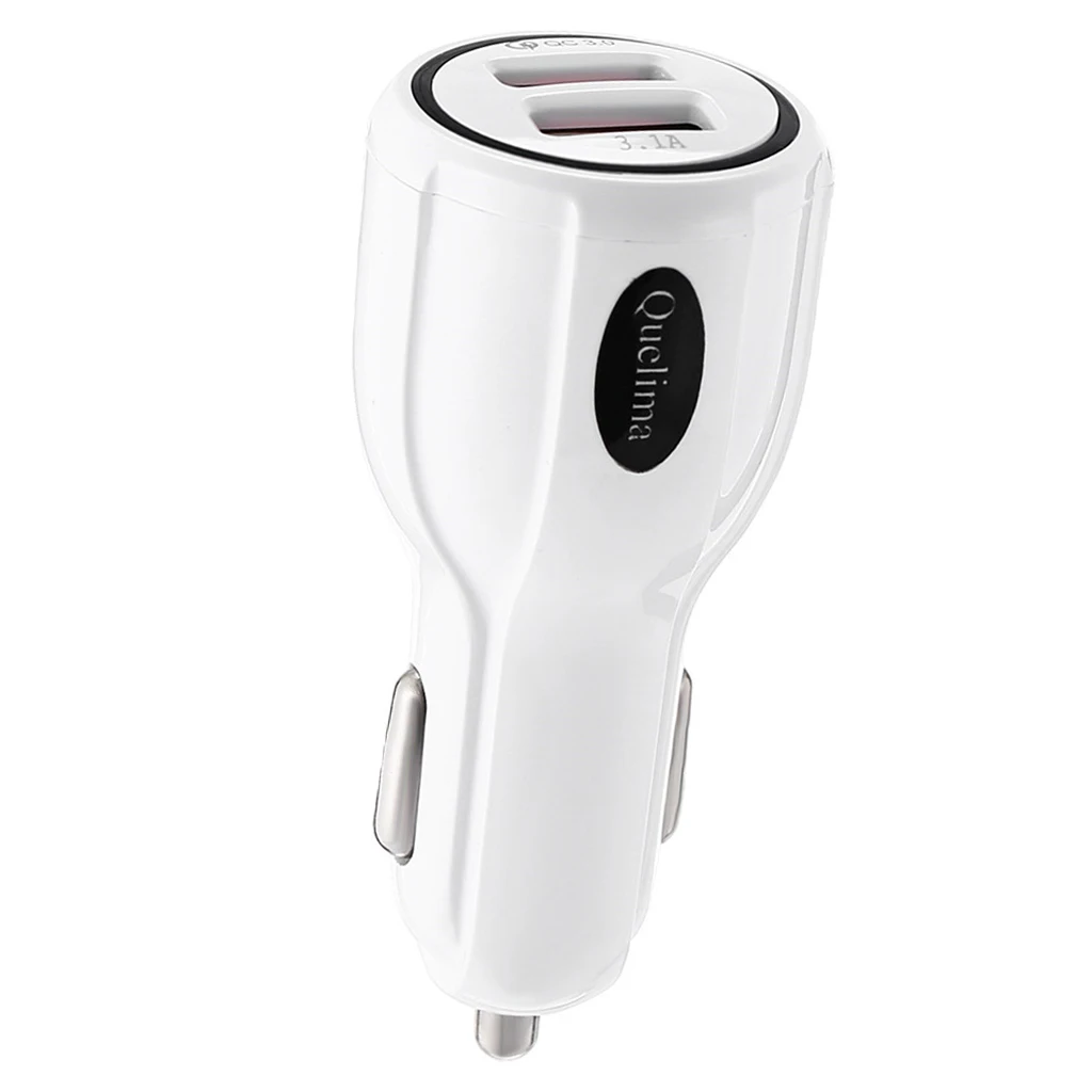 White, Car Charger QC3.0 USB Dual Ports Car Charger Fast Charging Universal