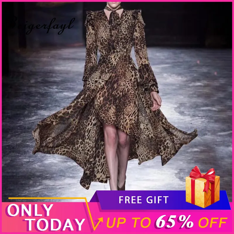 Beigerfayl Leopard Print Chiffon Gepard Dress 2019 Autumn New Fashion Design V Neck Long Sleeve Cheetah Dresses TDR17138 | Женская