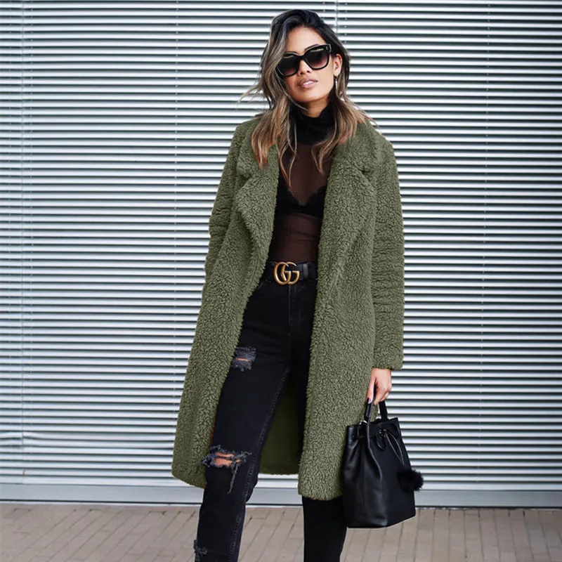 Элегантное длинное пальто из искусственного меха для женщин осень зима теплая мягкая меховая куртка женская плюшевая верхняя одежда с карманами - Цвет: Army Green