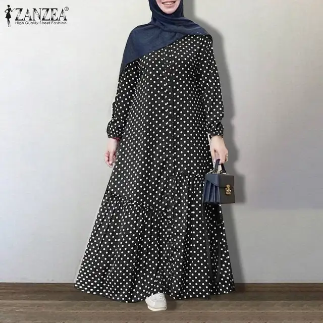 Kaftan Printed Muslim Maxi Dress Women's Autumn Sundress ZANZEA 2021 Causal Puff Sleeve Vestidos Female Polka Dot Button Robe 3