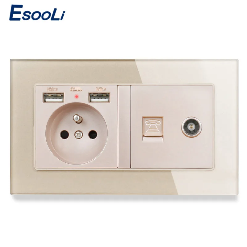Разъем ESOOLI со стеклянной панелью французская стандартная розетка с 2 USB-портами