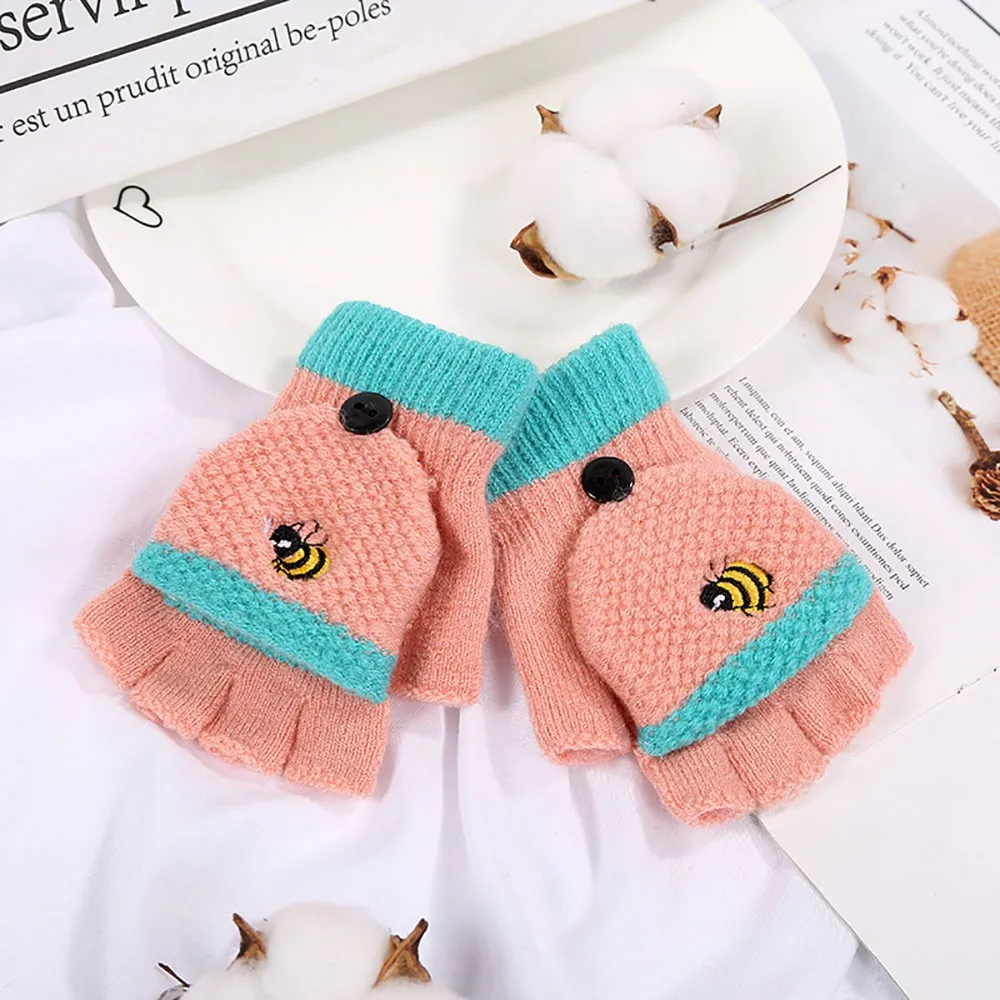 Детские зимние перчатки с милым рисунком пчелы из мультфильма, сохраняющие тепло, с рогами на пальцах, варежки, перчатки для детей от 2 до 4 лет, варежки для девочки