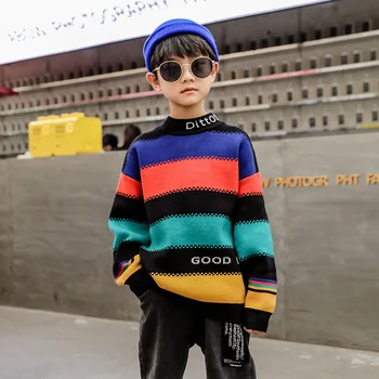 

2020 autumn and winter sweater new products girls color striped men's long-sleeved pullover round neck sweater