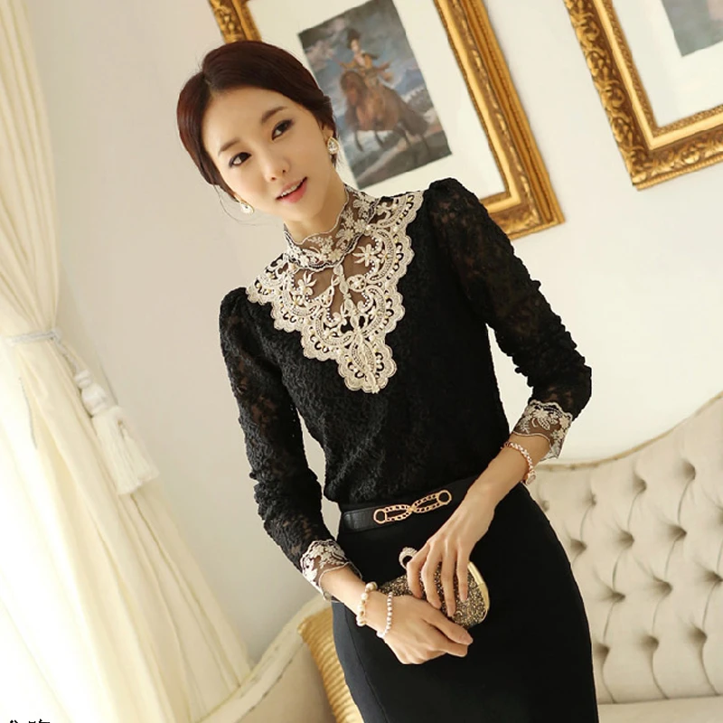 Tanie Moda Hollow out kobiety Sexy bluzka haftowana z koronki koszula odzież damska stojak szyi kwiatowy Plus rozmiar kobiecy topy Blusa 70A3