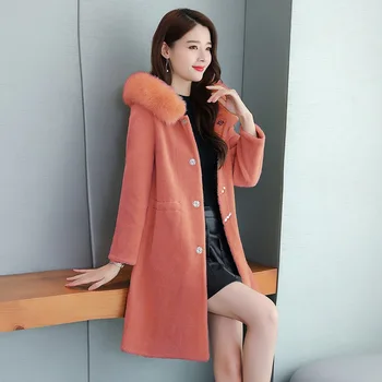 

2019 winter new ladies jacket sheep sheared granule fur coat Slim mid-length fox hooded