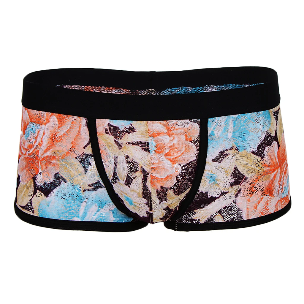 Vintage Soft Men Floral Print Sheer Lace Boxers Underwear Bulge Pouch Underpants Trunks Lingeries