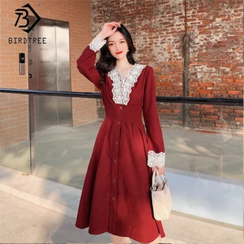 

2020 Spring New Women's Office Lady Long Sleeve Lace Solid Dresses Fashion V-Neck A-line Female Midi Dress D9D862O