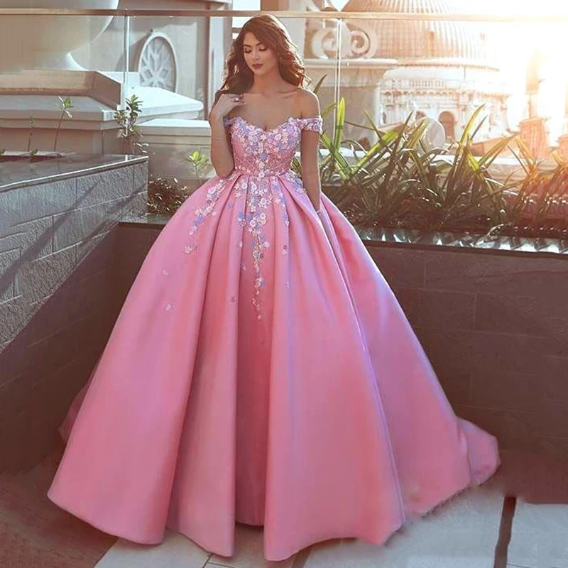 

Eightree Glamorous Satin Ball Gown Evening Dresses Floral Applique Off Shoulder Sleeveless Formal Party Dress Custom Prom Gown